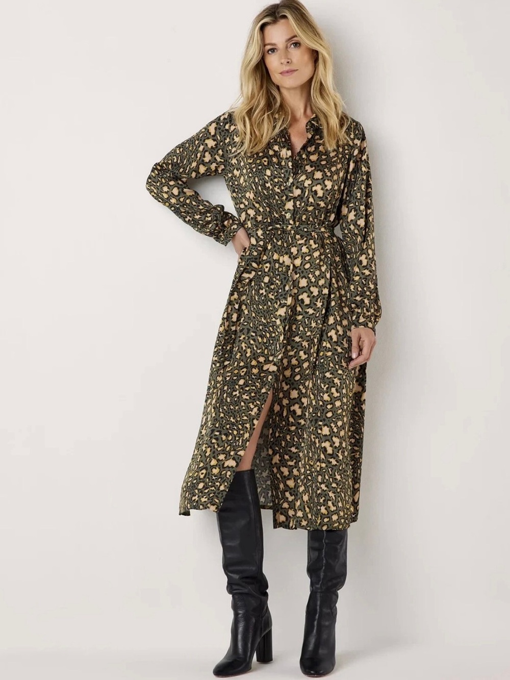 Long Sleeve Green Animal Print Midi Shirt Dress - Picture 1 of 5
